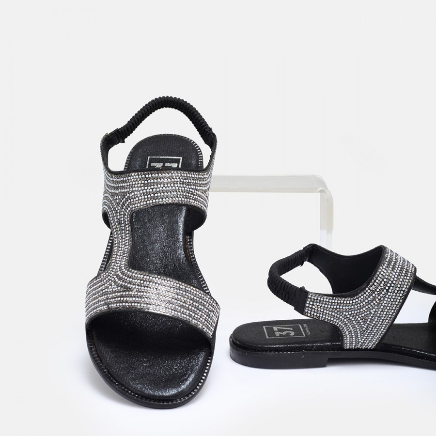 Siyah Yaldızlı Taşlı Sandalet