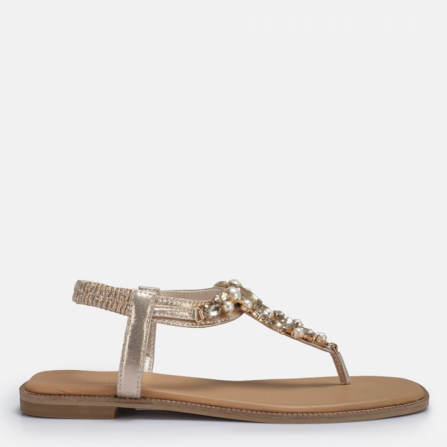 Altın Rengi Parmak Arası Taşlı Sandalet