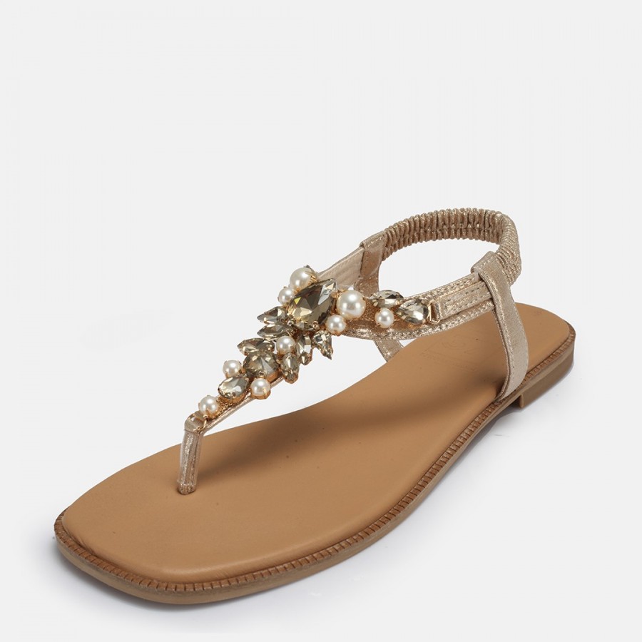 Altın Rengi Parmak Arası Taşlı Sandalet