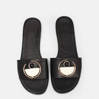 Düz Model Siyah Beyaz Tokalı Hakiki Deri Terlik