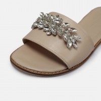 Düz Model Terlik Bej Hakiki Deri Taşlı