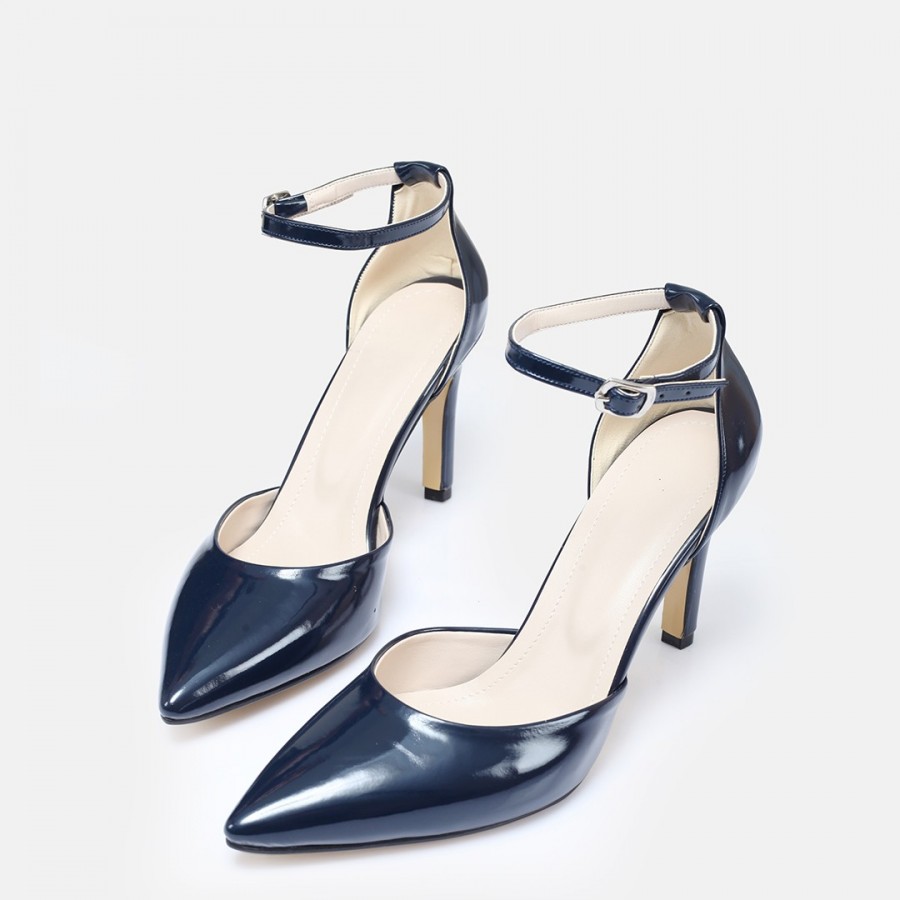 Stiletto Lacivert Rugan Bilekten Kemerli Ayakkabı