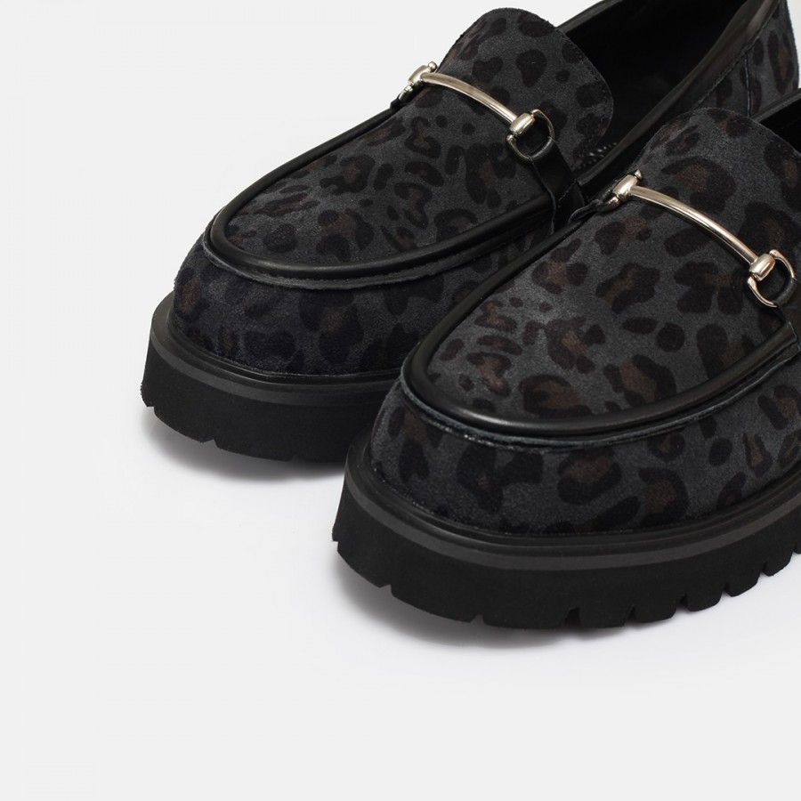 Kalın Tabanlı Loafer Hakiki Deri Siyah Leopar