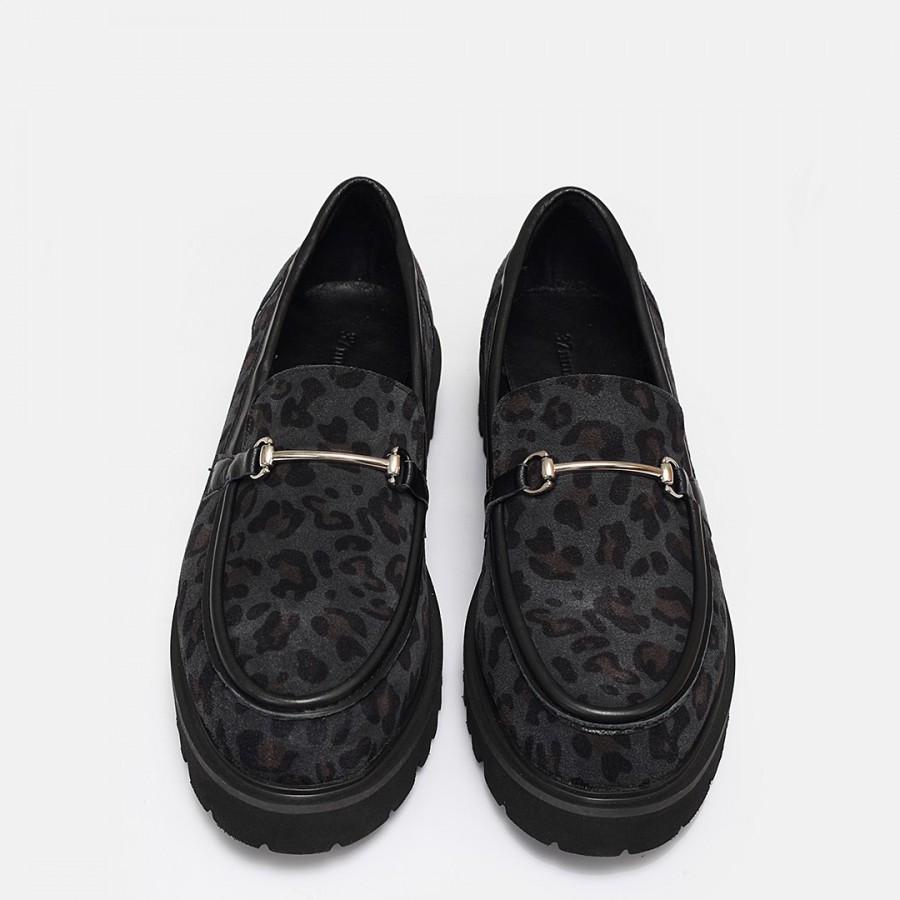 Kalın Tabanlı Loafer Hakiki Deri Siyah Leopar