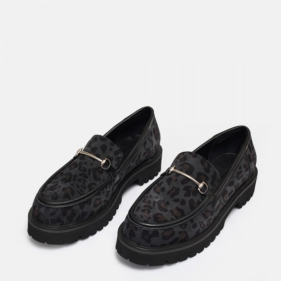 Kalın Tabanlı Loafer Hakiki Deri Siyah Leopar