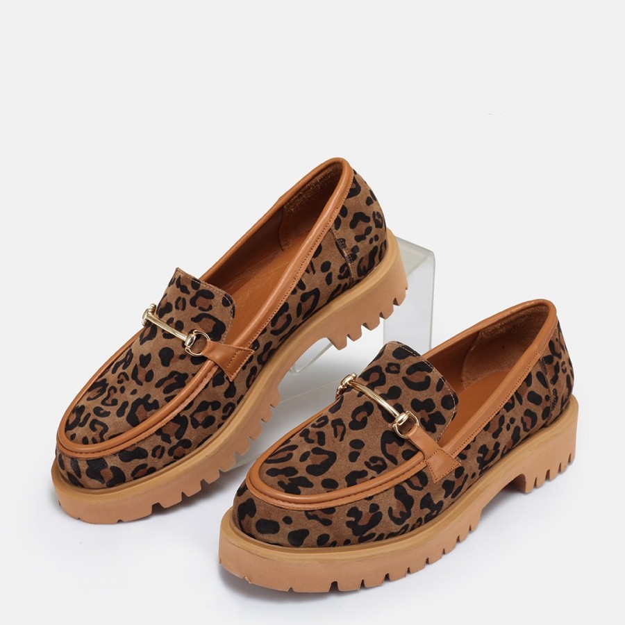 Kalın Tabanlı Loafer Hakiki Deri Taba Leopar