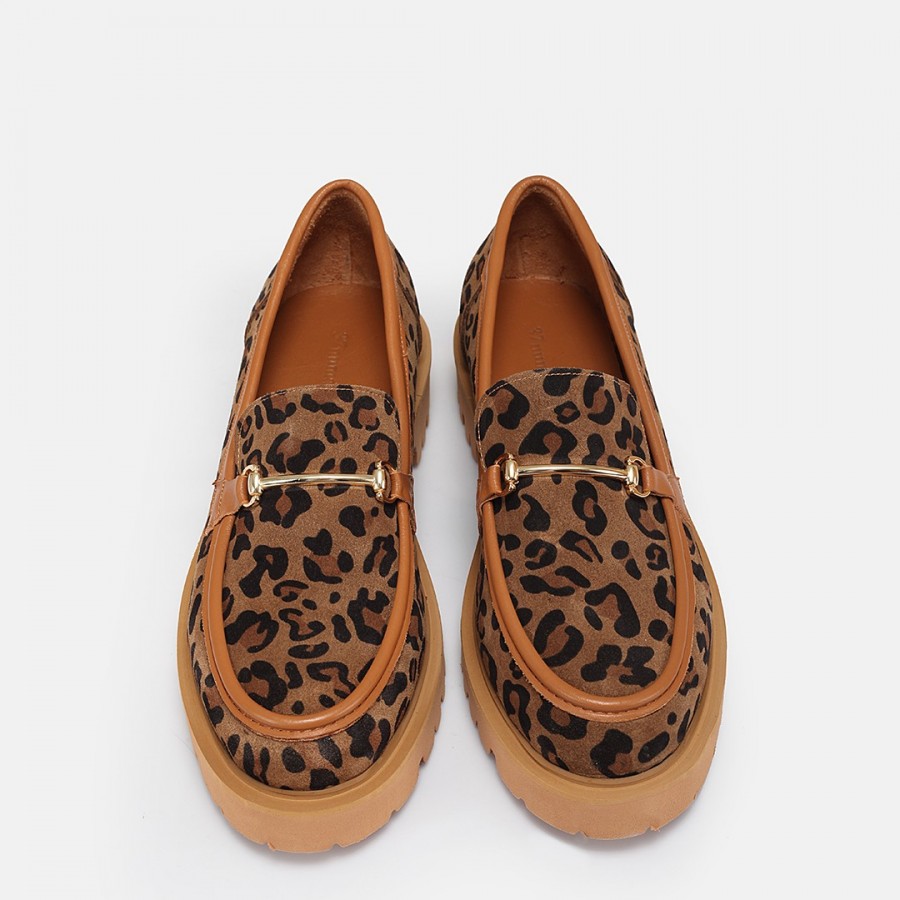 Kalın Tabanlı Loafer Hakiki Deri Taba Leopar