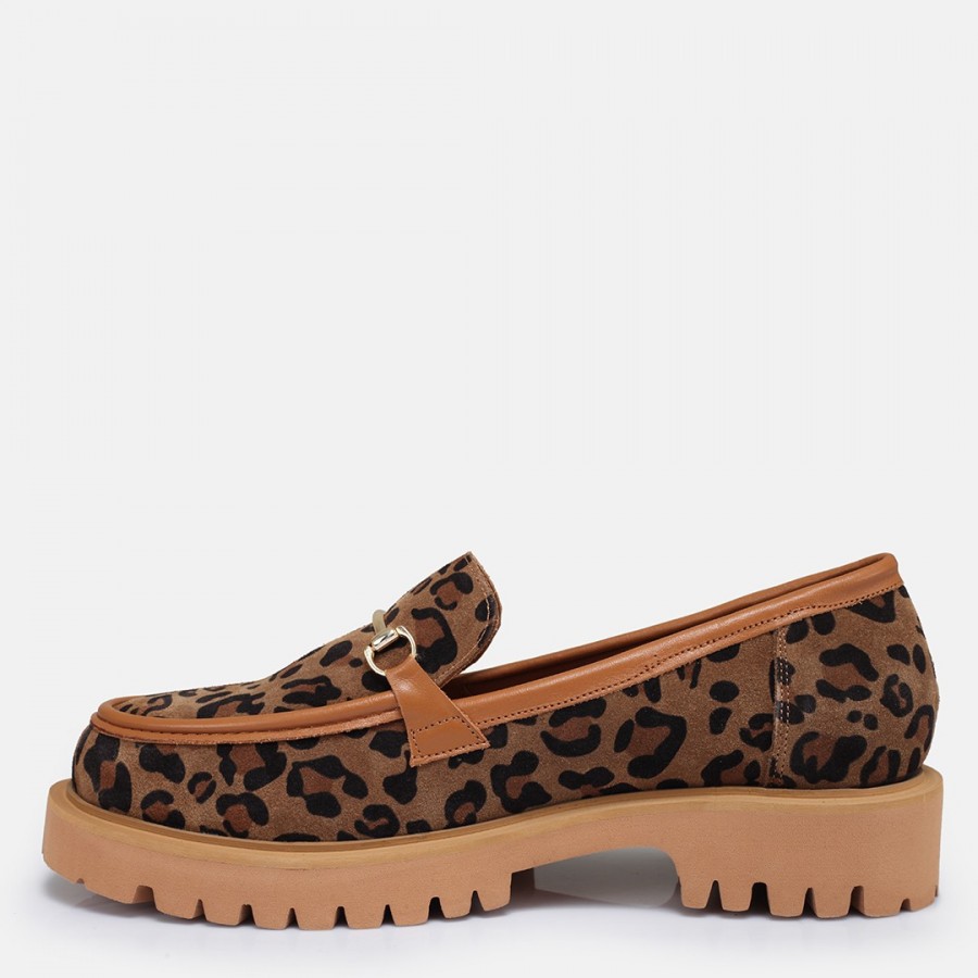 Kalın Tabanlı Loafer Hakiki Deri Taba Leopar
