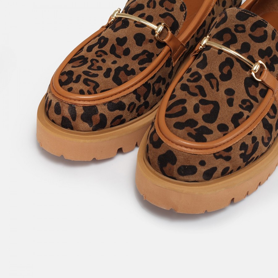 Kalın Tabanlı Loafer Hakiki Deri Taba Leopar