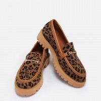 Kalın Tabanlı Loafer Hakiki Deri Taba Leopar