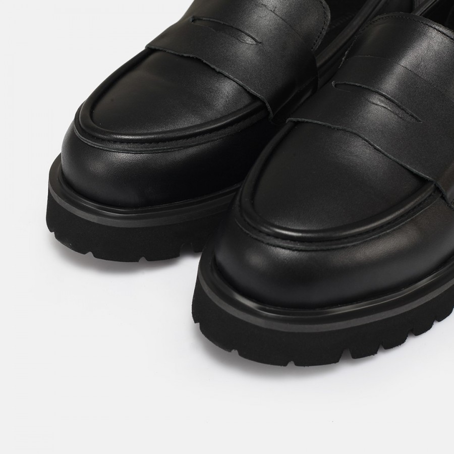 Siyah Kalın Tabanlı Loafer Hakiki Deri