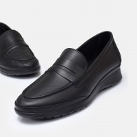 Siyah Hakiki Deri Dolgu Topuk Loafer Ayakkabı