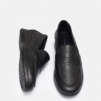Siyah Hakiki Deri Dolgu Topuk Loafer Ayakkabı