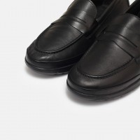 Siyah Hakiki Deri Dolgu Topuk Loafer Ayakkabı