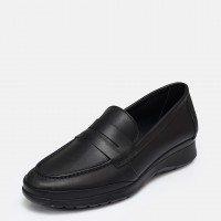 Siyah Hakiki Deri Dolgu Topuk Loafer Ayakkabı