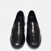 Siyah Hakiki Deri Rugan Dolgu Topuk Loafer Ayakkabı