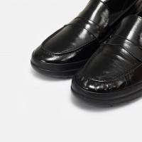 Siyah Hakiki Deri Rugan Dolgu Topuk Loafer Ayakkabı