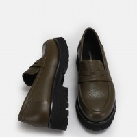 Loafer Haki Renk Ayakkabı Hakiki Deri Kalın Tabanlı