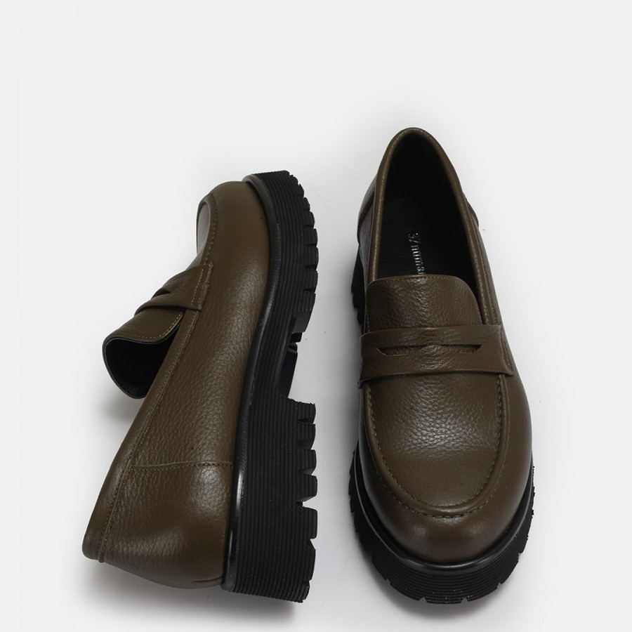 Loafer Haki Renk Ayakkabı Hakiki Deri Kalın Tabanlı