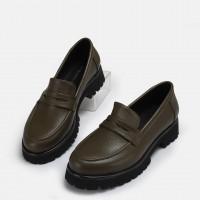 Loafer Haki Renk Ayakkabı Hakiki Deri Kalın Tabanlı