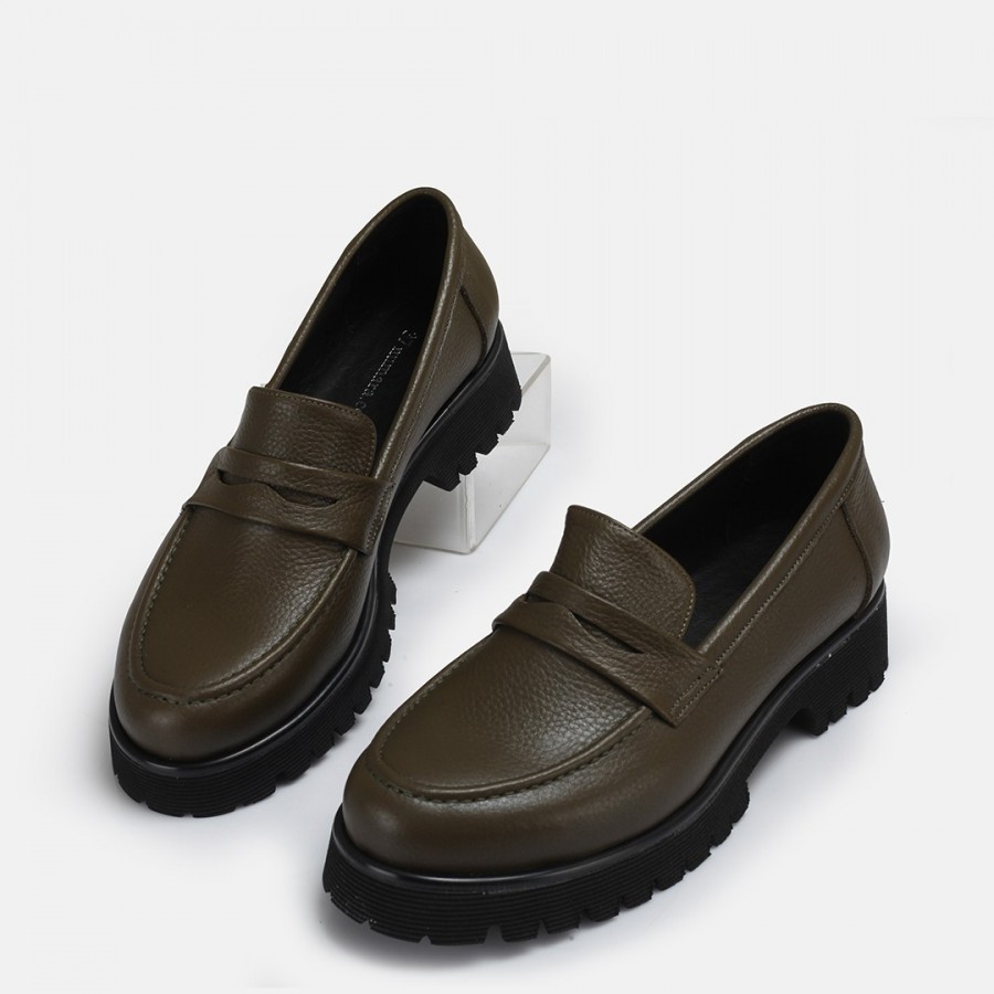 Loafer Haki Renk Ayakkabı Hakiki Deri Kalın Tabanlı