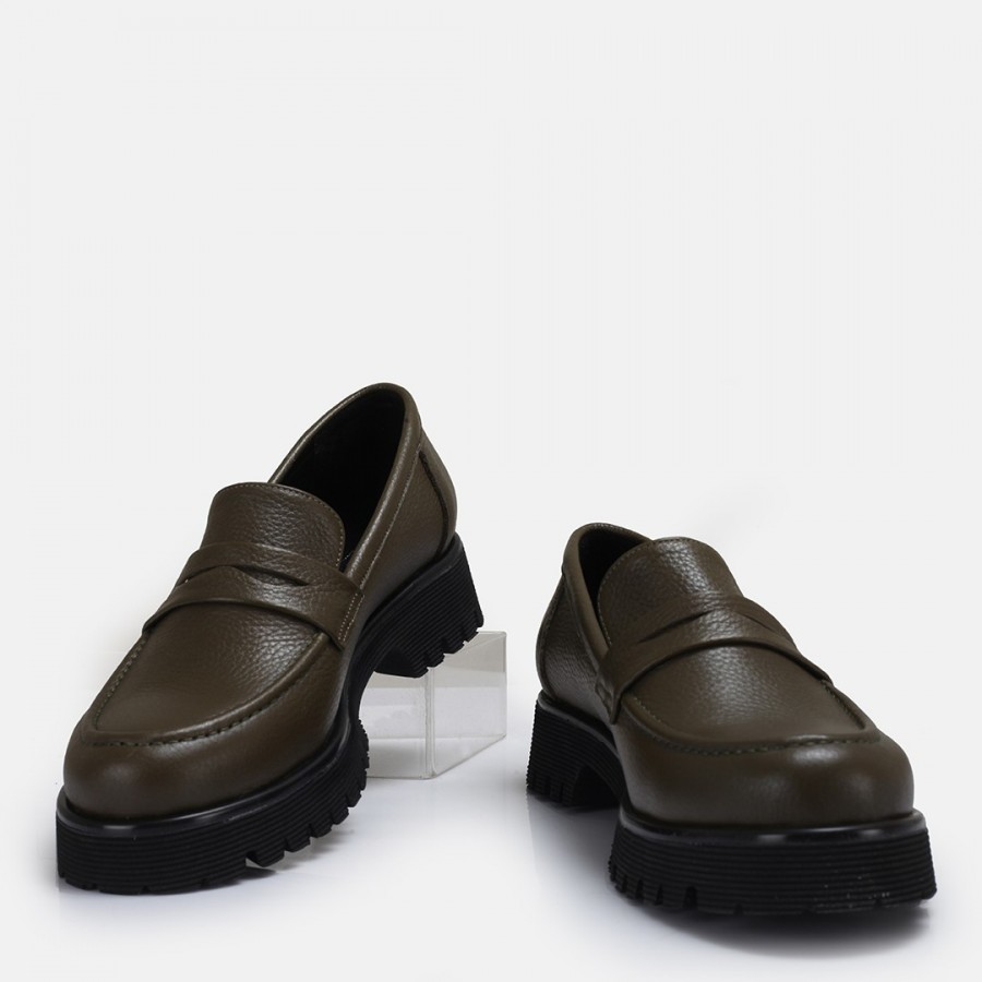 Loafer Haki Renk Ayakkabı Hakiki Deri Kalın Tabanlı