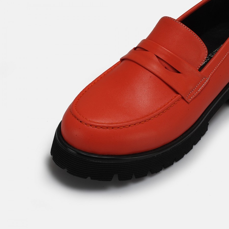 Loafer Ayakkabı Hakiki Deri Kalın Tabanlı Nar Çiçeği