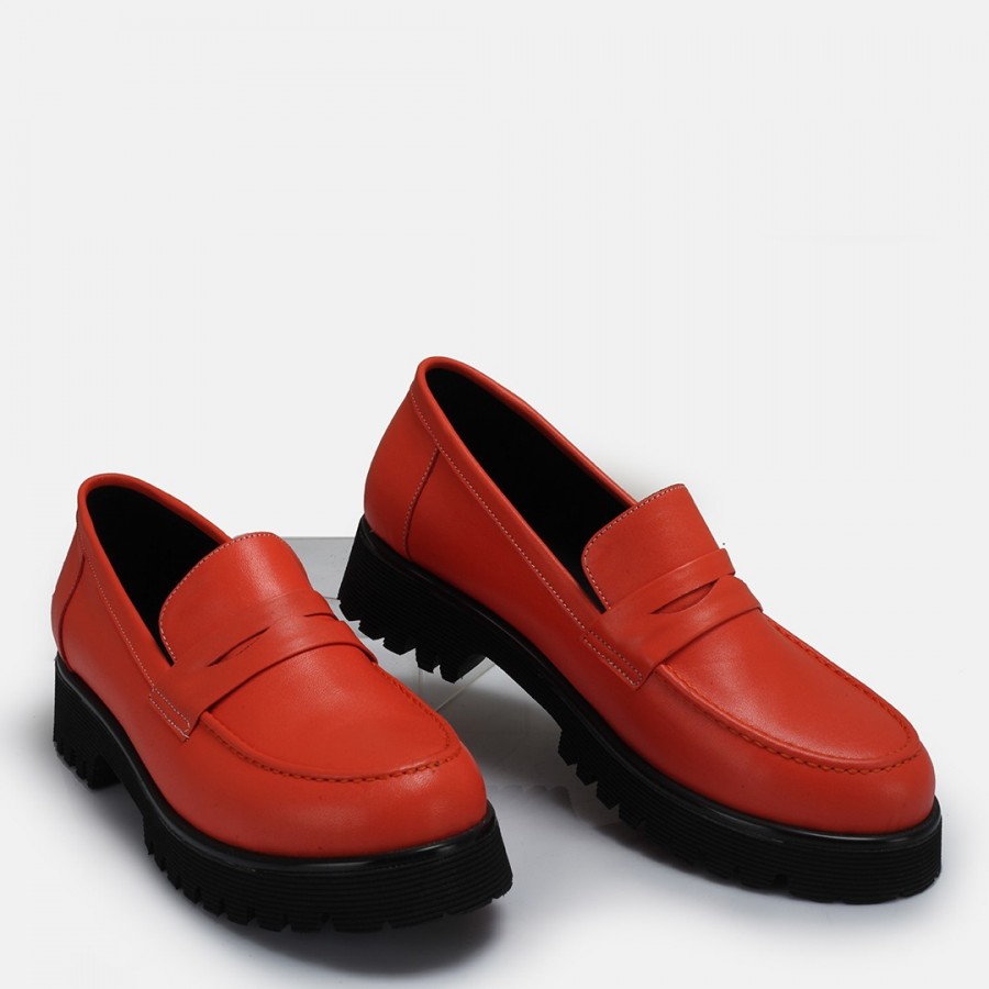 Loafer Ayakkabı Hakiki Deri Kalın Tabanlı Nar Çiçeği