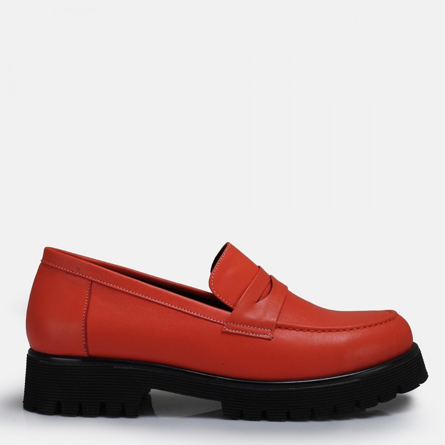 Loafer Ayakkabı Hakiki Deri Kalın Tabanlı Nar Çiçeği