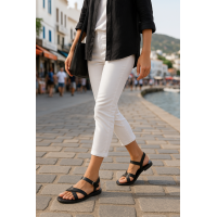 Bodrum Sandalet Siyah  Çapraz Hakiki Deri