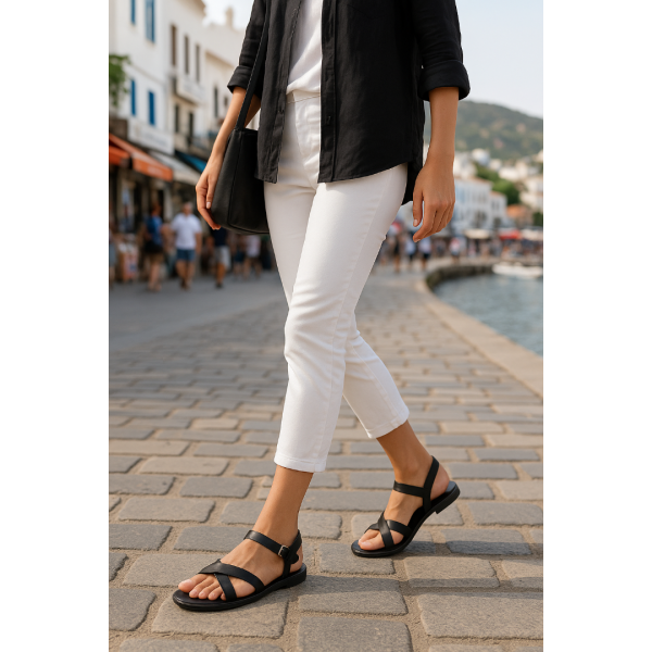 Bodrum Sandalet Siyah  Çapraz Hakiki Deri