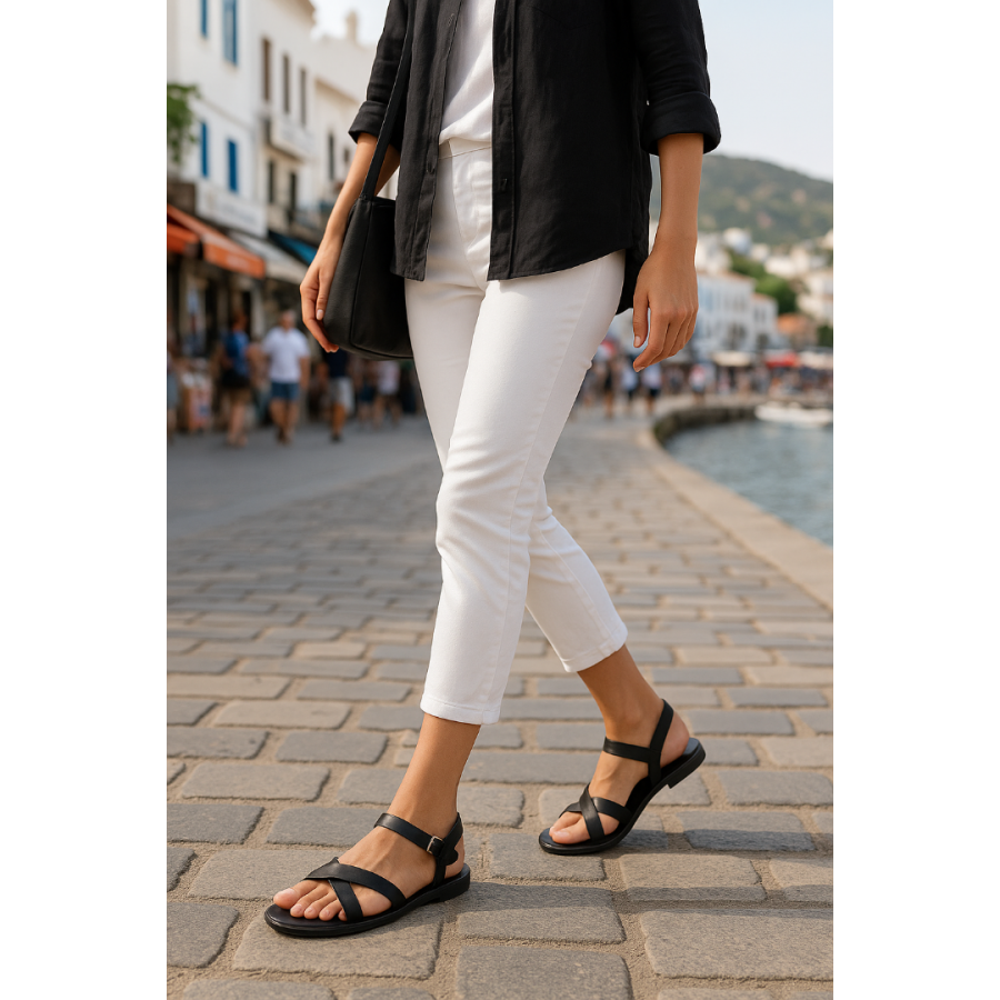 Bodrum Sandalet Siyah  Çapraz Hakiki Deri