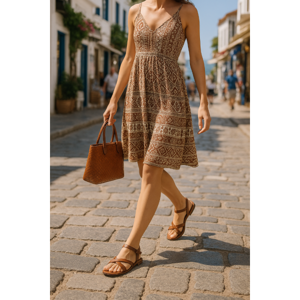 Bodrum Sandalet Taba Çapraz Hakiki Deri