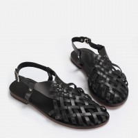 Bodrum Sandalet Siyah Kafes Model Hakiki Deri
