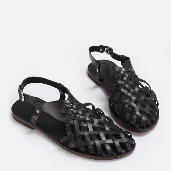 Bodrum Sandalet Siyah Kafes Model Hakiki Deri