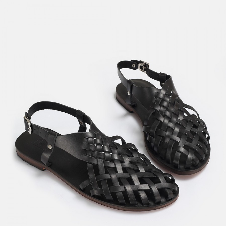 Bodrum Sandalet Siyah Kafes Model Hakiki Deri