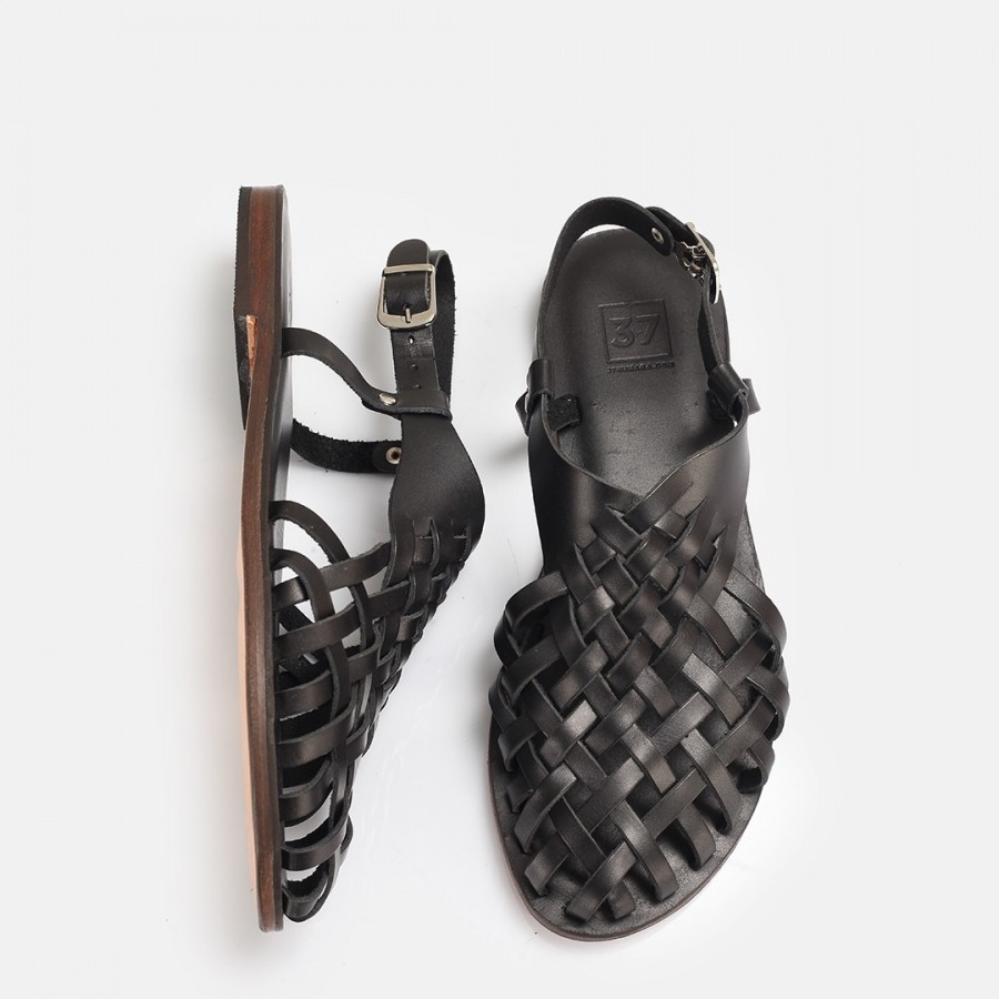 Bodrum Sandalet Siyah Kafes Model Hakiki Deri