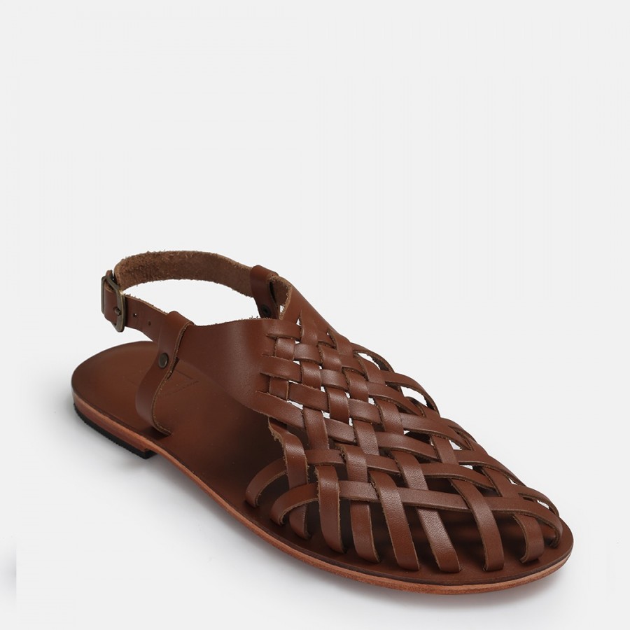 Bodrum Sandalet Taba Kafes Model Hakiki Deri