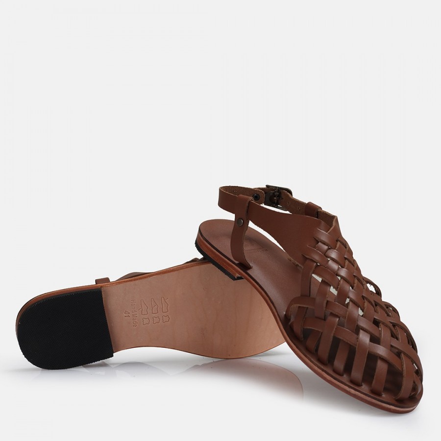 Bodrum Sandalet Taba Kafes Model Hakiki Deri