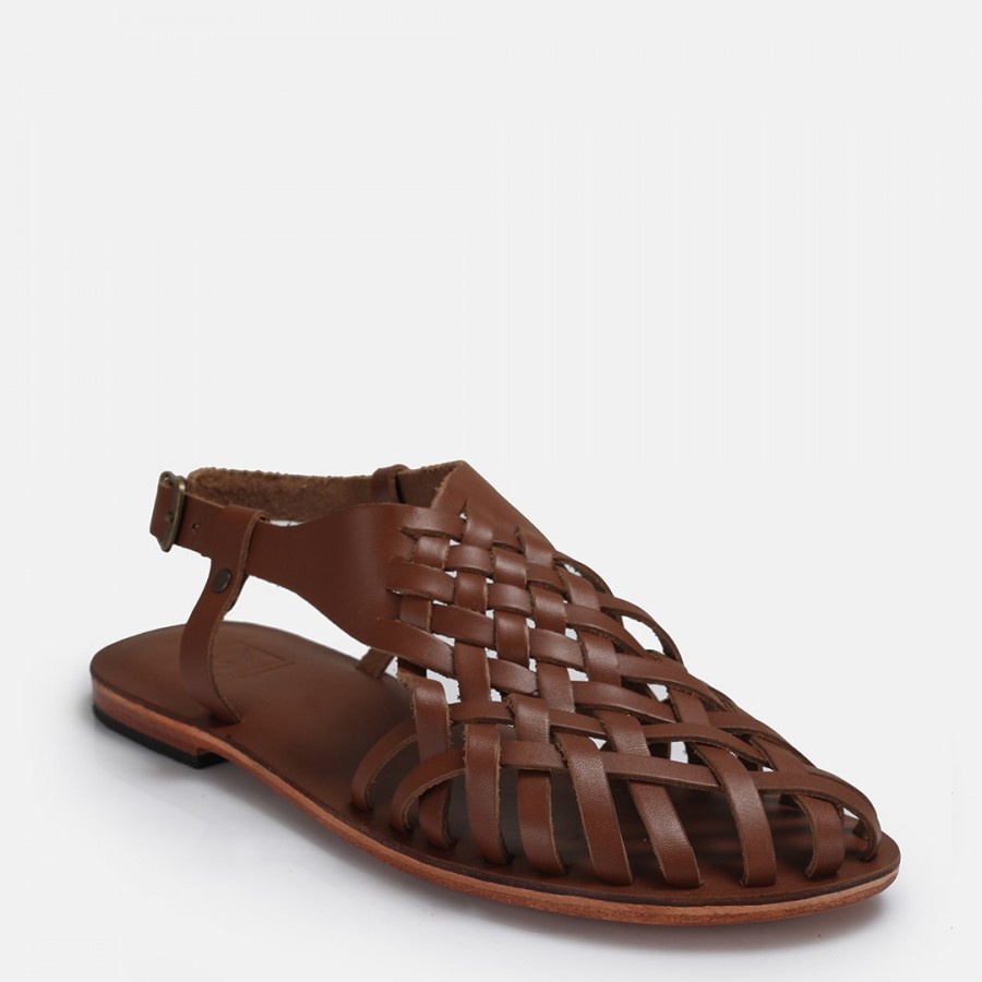 Bodrum Sandalet Taba Kafes Model Hakiki Deri