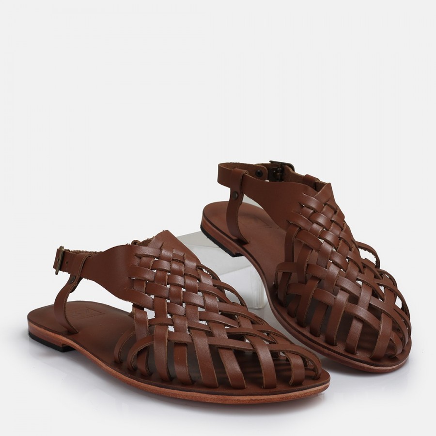Bodrum Sandalet Taba Kafes Model Hakiki Deri