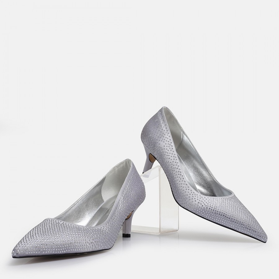 Stiletto Ayakkabı Gri Taşlı