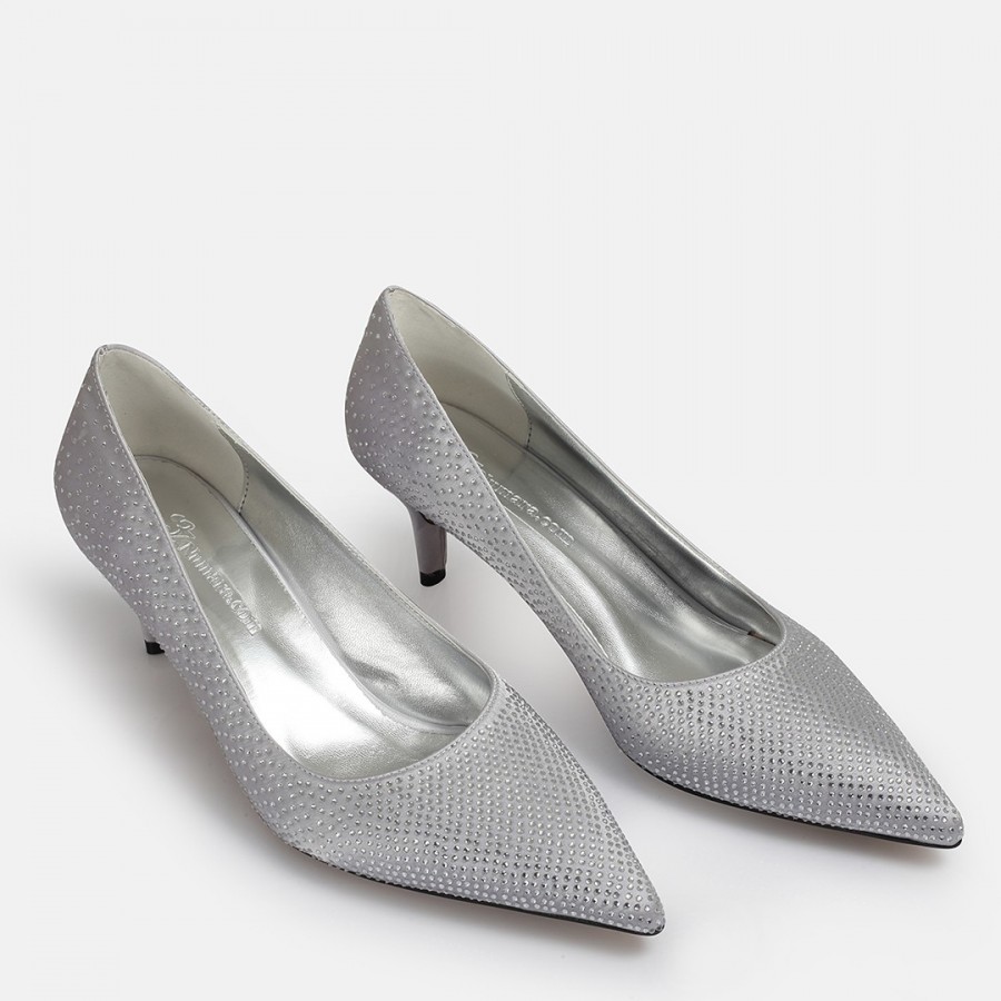 Stiletto Ayakkabı Gri Taşlı