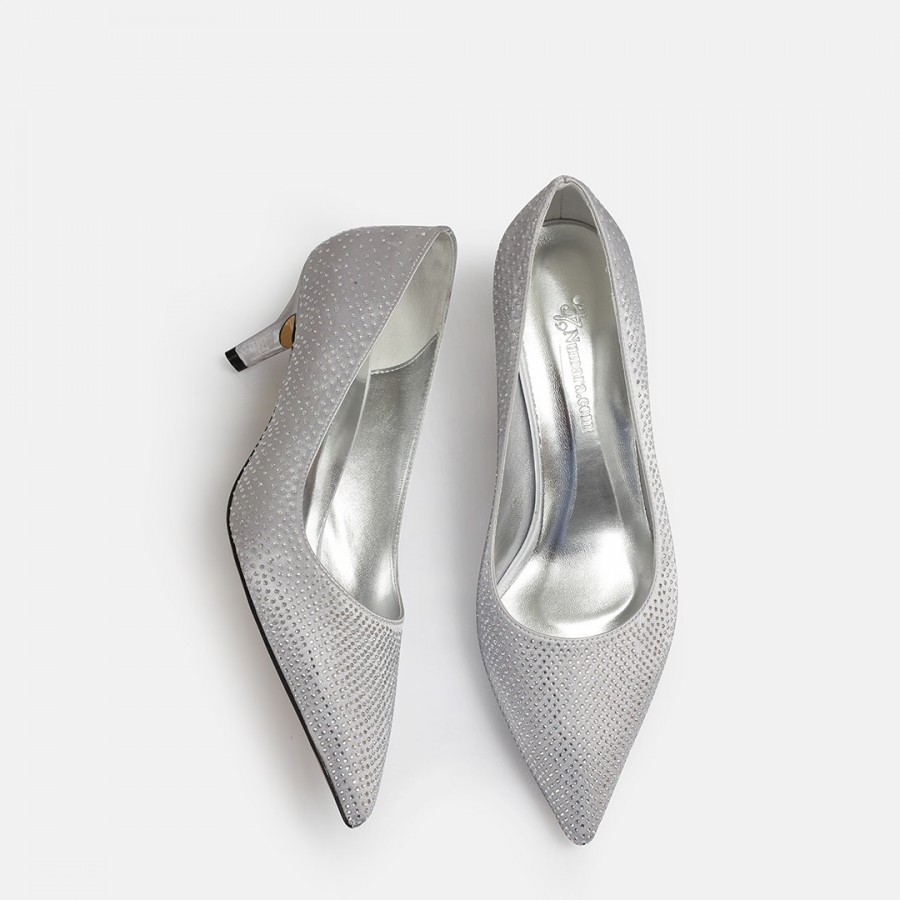 Stiletto Ayakkabı Gri Taşlı