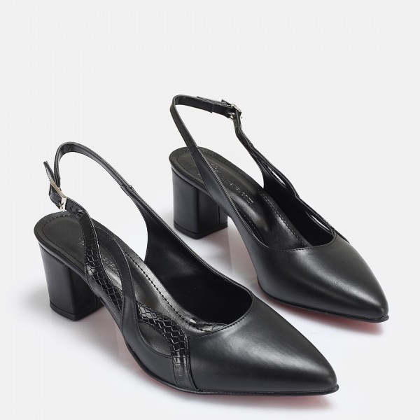 Stiletto Siyah Arkası Açık Kalın Topuk