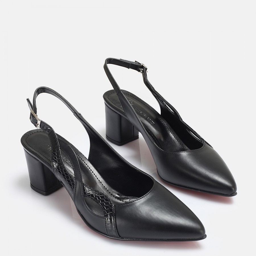 Stiletto Siyah Arkası Açık Kalın Topuk
