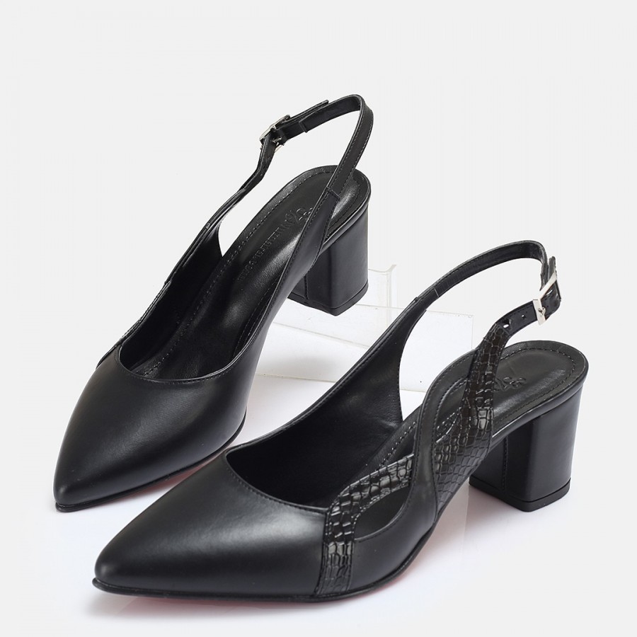 Stiletto Siyah Arkası Açık Kalın Topuk