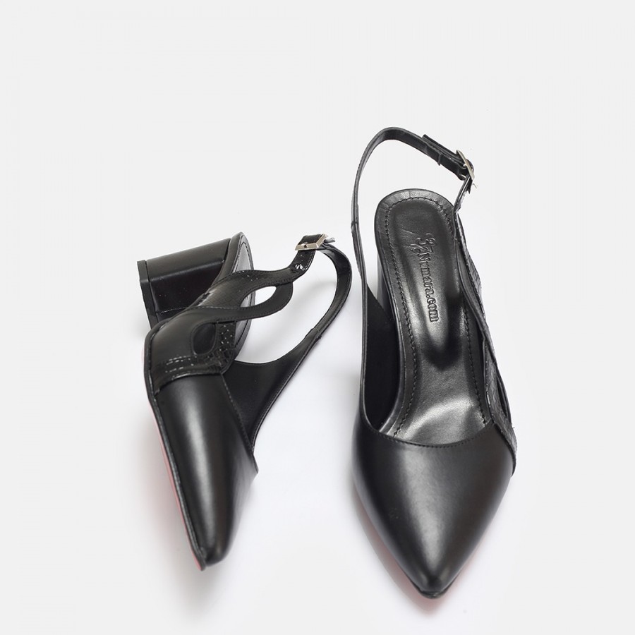 Stiletto Siyah Arkası Açık Kalın Topuk