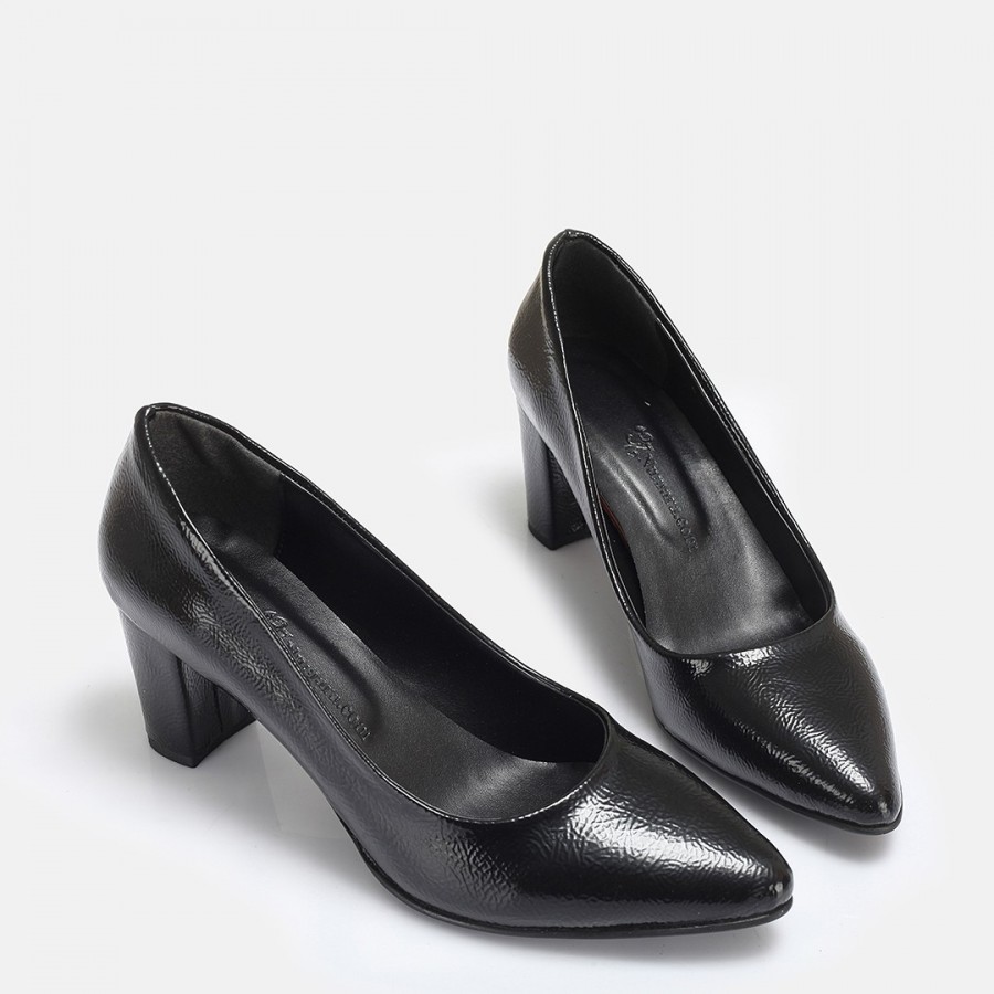 Stiletto Siyah Rugan Kalın Topuk