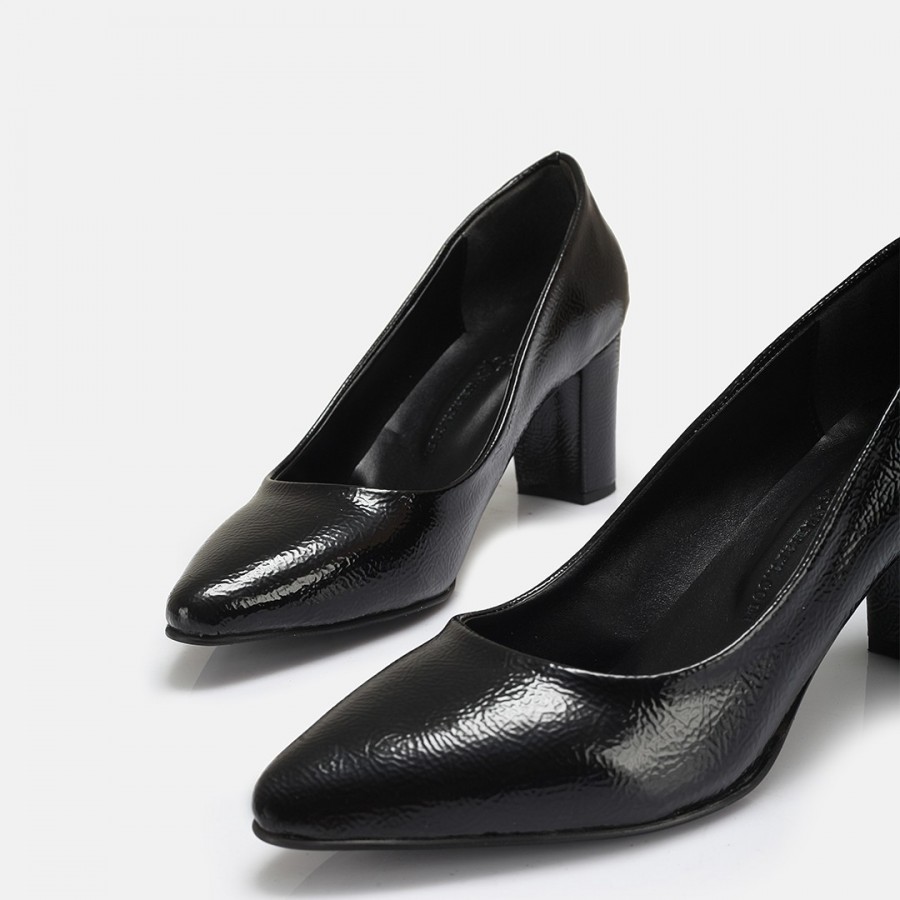 Stiletto Siyah Rugan Kalın Topuk
